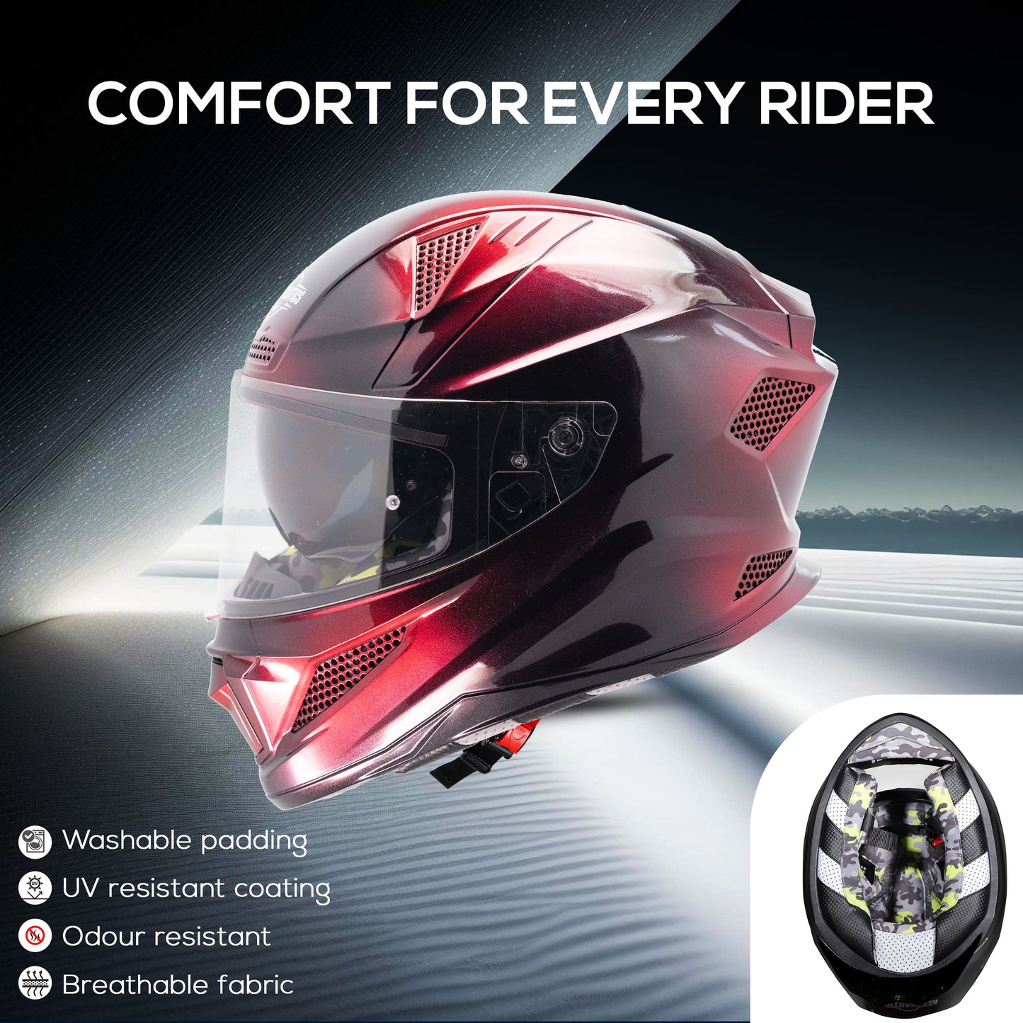 Steelbird SBH-25 Breeze On Ombre 7Wings ISI Certified Full Face Helmet for Men and Women with Inner Smoke Sun Shield (Glossy Black Wine Red)