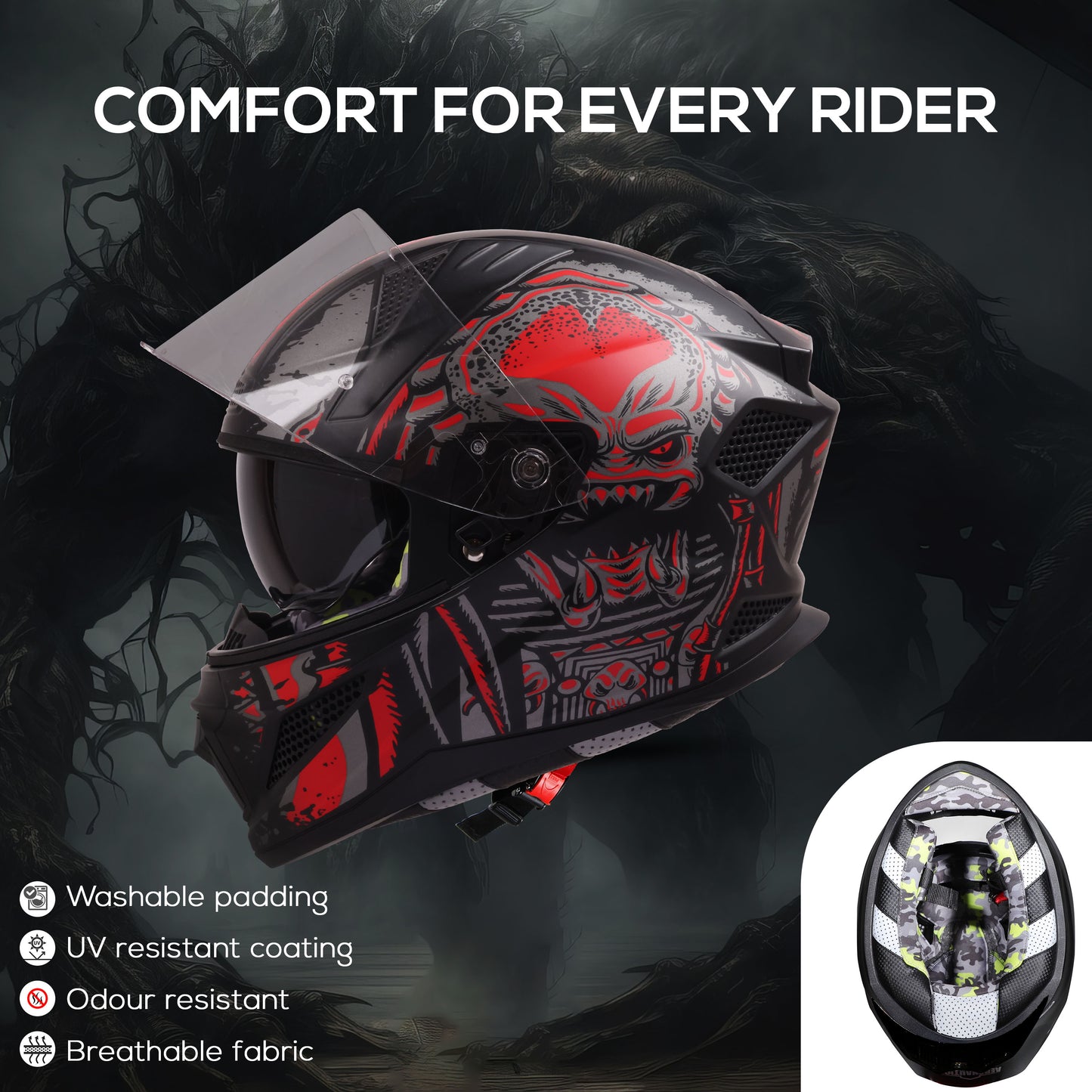 Steelbird SBH-25 Predator ISI Certified Full Face Graphic Helmet for Men and Women (Glossy Black Red with Inner Smoke Sun Shield)