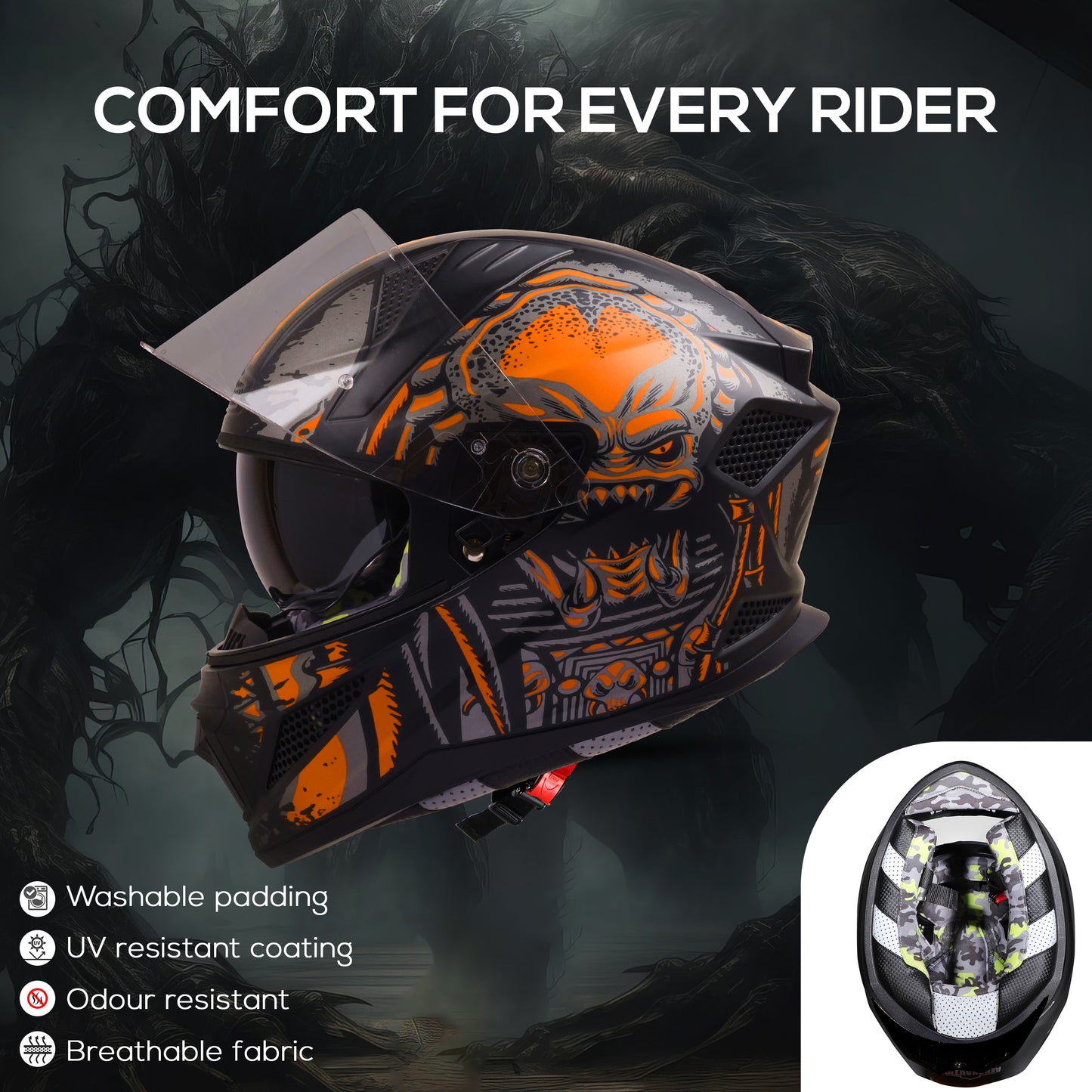 Steelbird SBH-25 Predator ISI Certified Full Face Graphic Helmet for Men and Women (Glossy Black Orange with Inner Smoke Sun Shield)