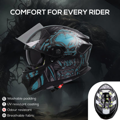 Steelbird SBH-25 Predator ISI Certified Full Face Graphic Helmet for Men and Women (Glossy Black Light Blue with Inner Smoke Sun Shield)