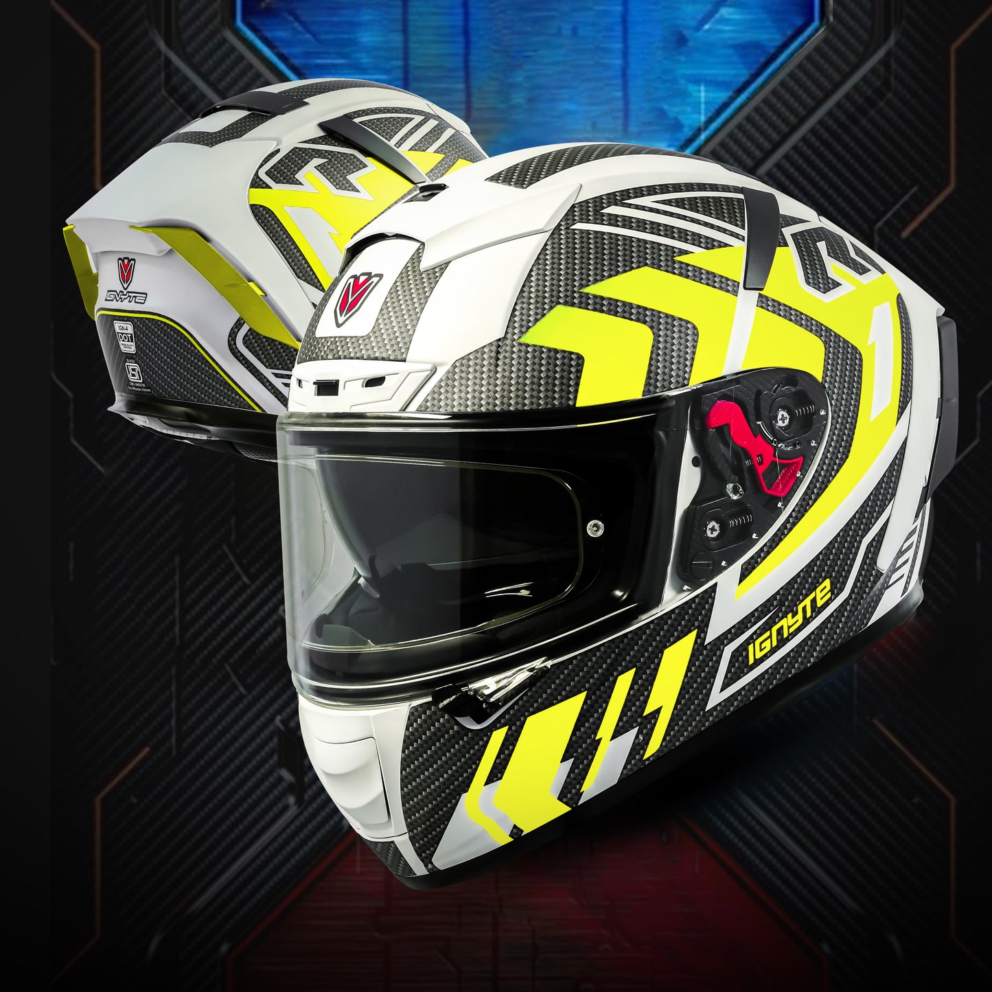 Ignyte IGN-4 Atomixx ISI/DOT Certified Full Face Graphic Helmet with Outer Anti-Fog Clear Visor and Inner Smoke Sun Shield (Glossy White Neon)