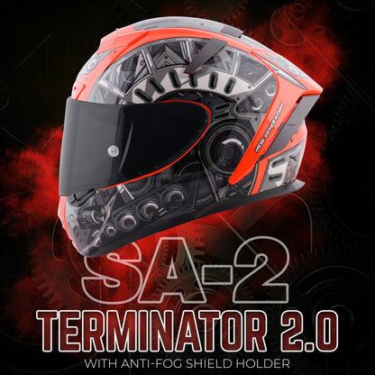 Steelbird SA-2 Terminator 2.0 ISI Certified Full Face Graphic Helmet for Men and Women (Glossy Fluo Red Grey with Smoke Visor))