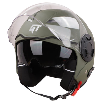 Steelbird SBH-31 GT Dashing ISI Certified Open Face Helmet for Men and Women with Inner Sun Shield ( Dual Visor Mechanism ) (Dashing Battle Green)